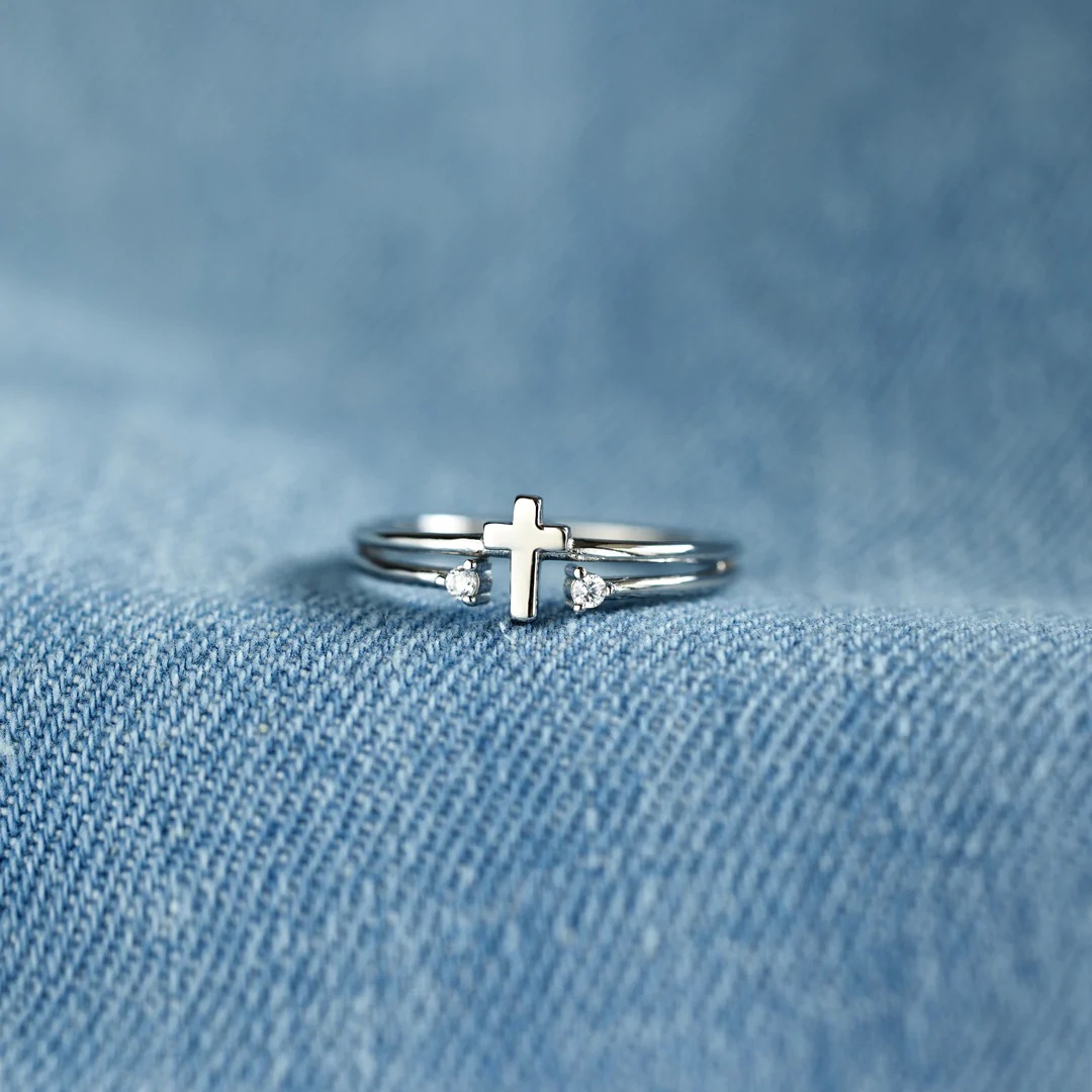 S925 Sterling Silver Cross Zircon Ring