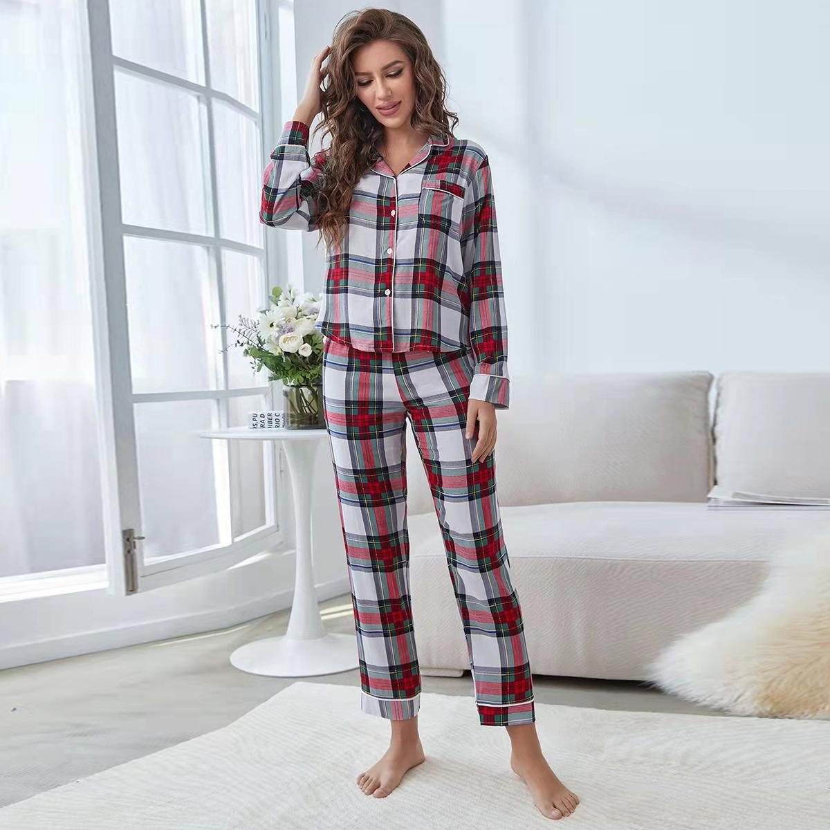 Women's Fashion Casual Cardigan Contrast Color Home Wear Suit Plaid - Shop at LoveMi