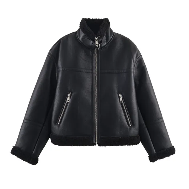 Women's Simple Double sided Fleece Jacket Black - Shop at LoveMi