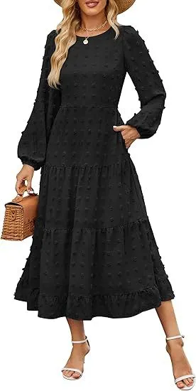 Autumn Long Sleeve Dress Casual Round Neck Black - Shop at LoveMi