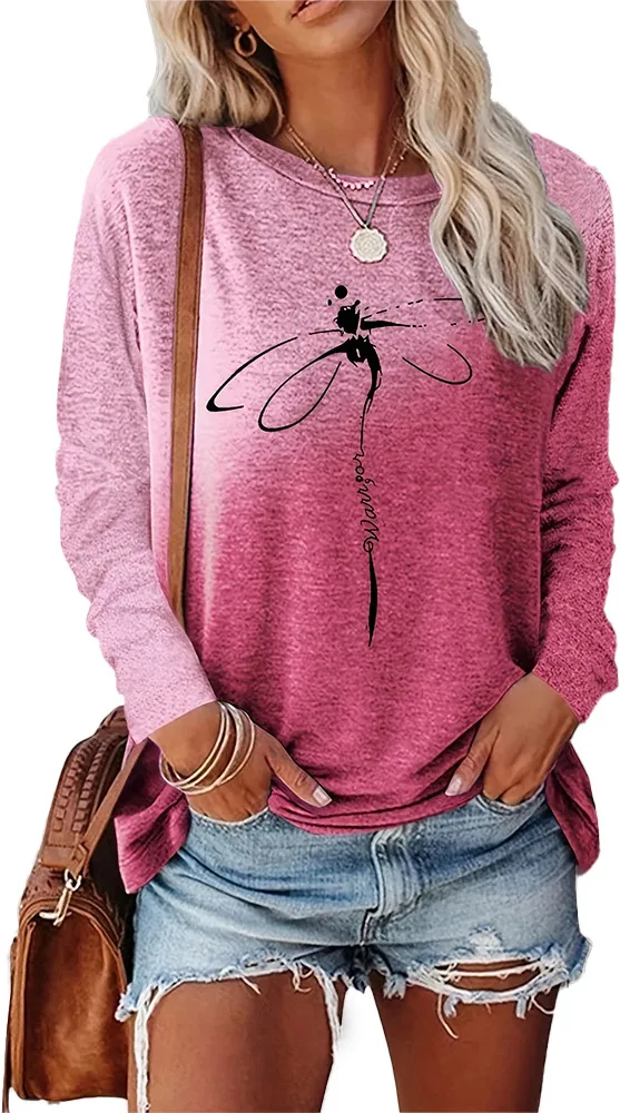 Dragonfly Pattern Round Neck Long Sleeve Women's T shirt Tops Pink Tie Dye - Shop at LoveMi