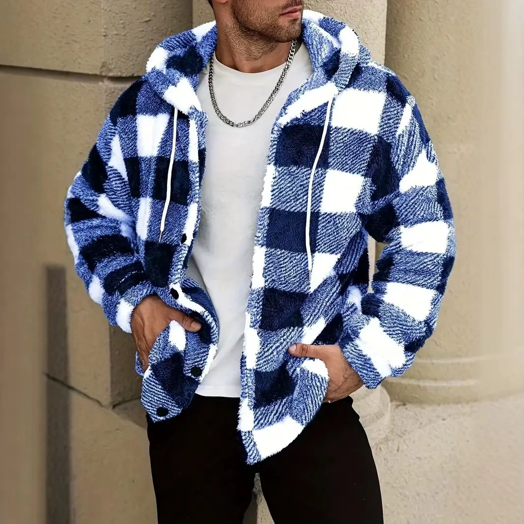 Mens Plaid-Printed Warm Hooded Long-Sleeve Top