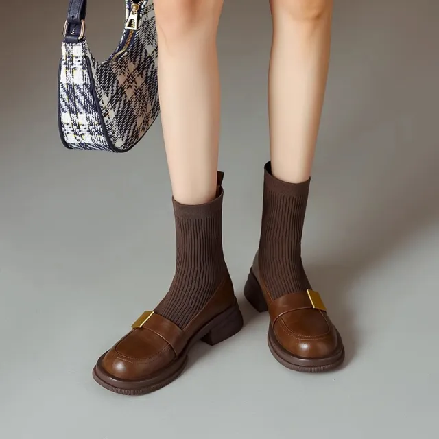 Knitted Stretch Chunky Heel Retro Women's Ankle Boots Brown - Shop at LoveMi