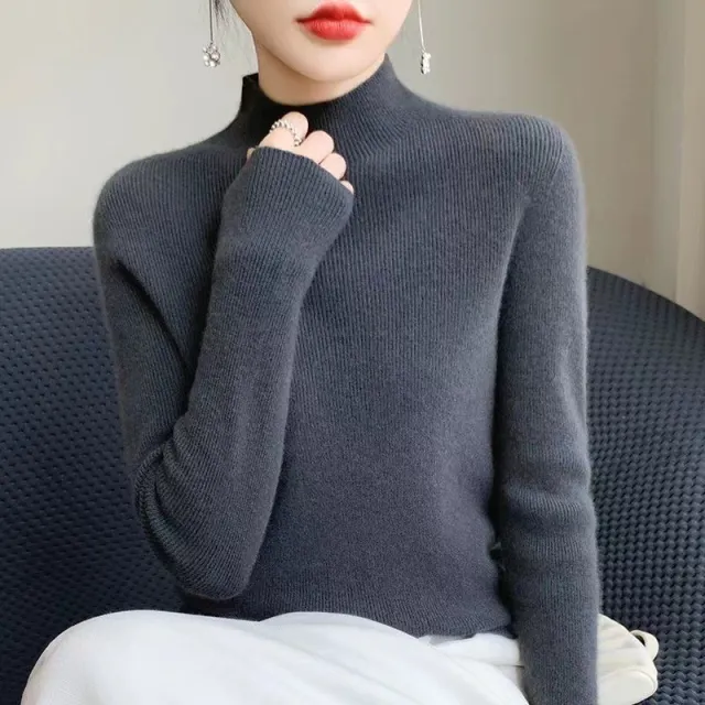 Warm Long Sleeves Knitted Half Turtleneck Women's Base Shirt Dark Gray - Shop at LoveMi