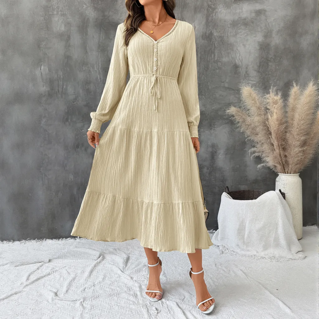 Texture Long Sleeve Stitching Dress Women - Apricot