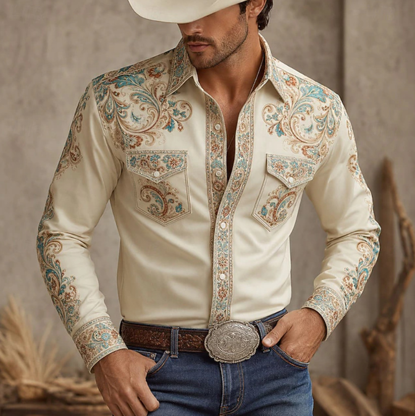 Western Cowboy Style Men's Spring And Autumn Long Sleeve Shirt Stand Collar Shirt