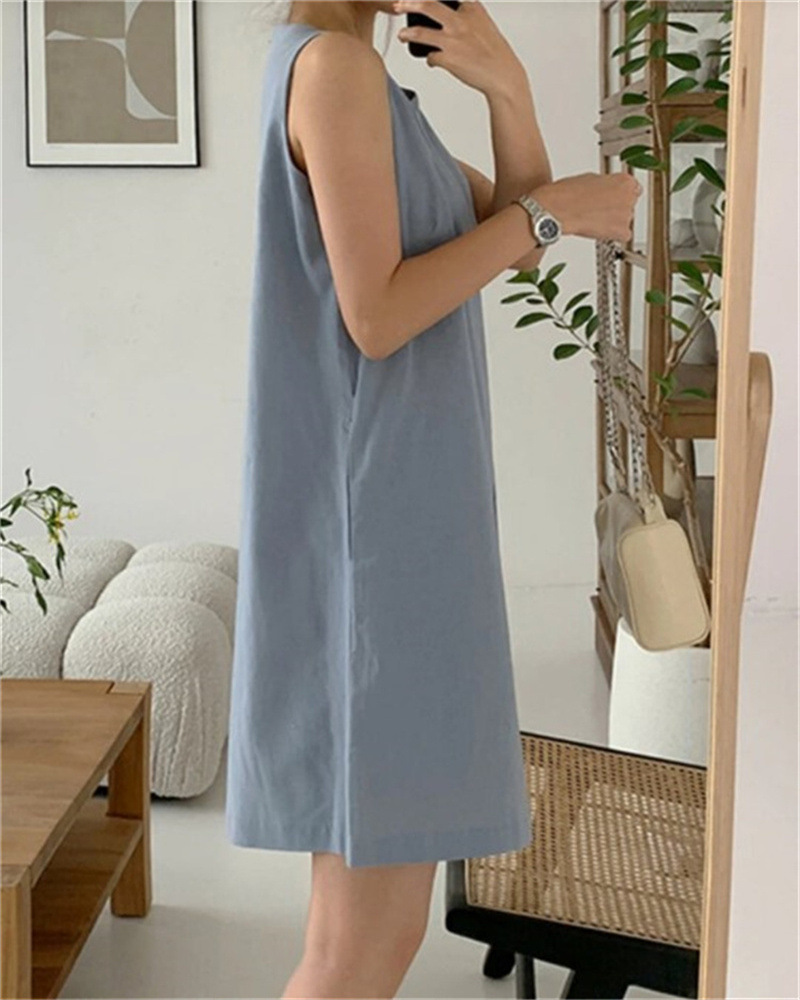 Cotton And Linen Solid Color Dress Sleeveless Split