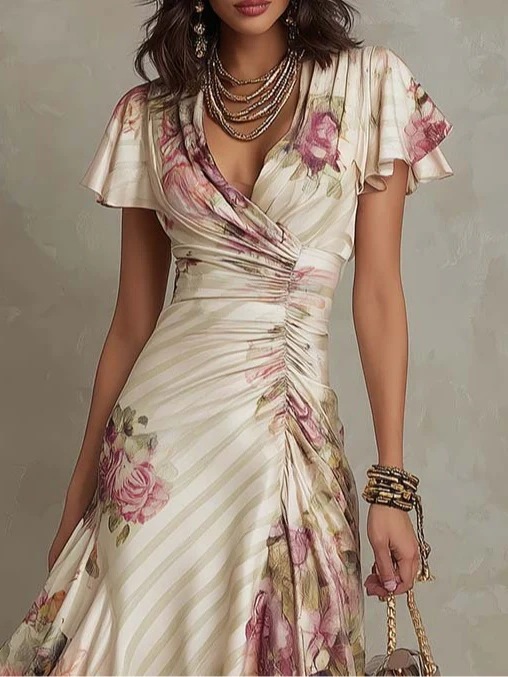 Ruffled hem maxi dress side view – V-neck satin A-line color block dress women's fashion