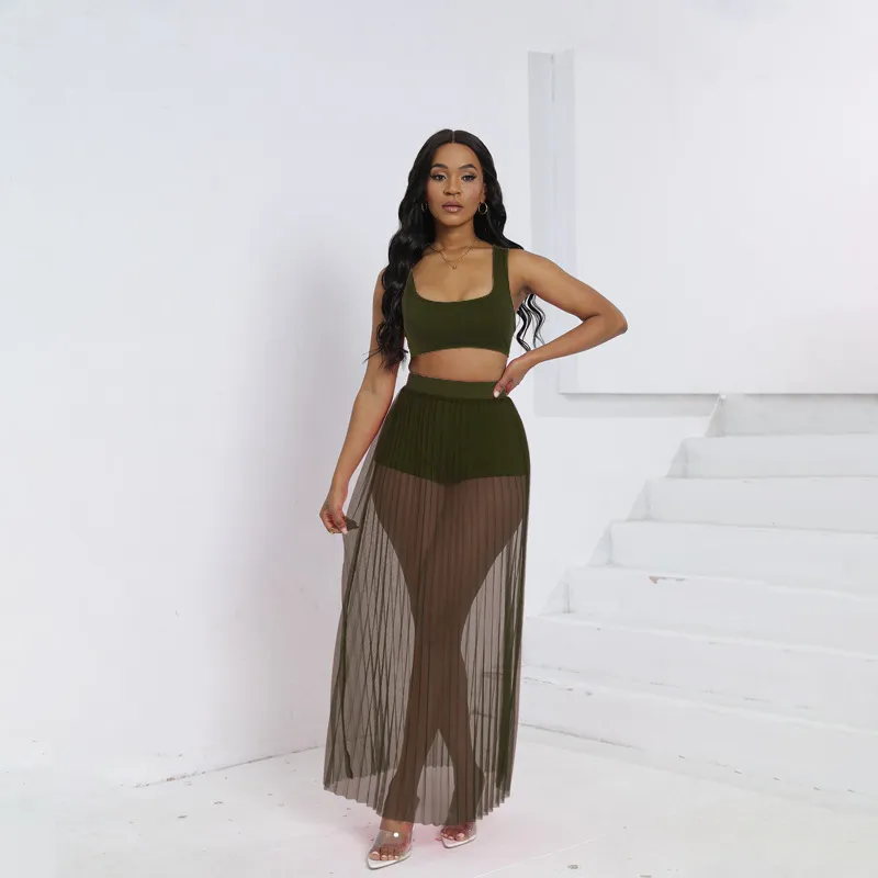 Women's Wear Vest Skirt Shorts Three-piece Set - Army Green