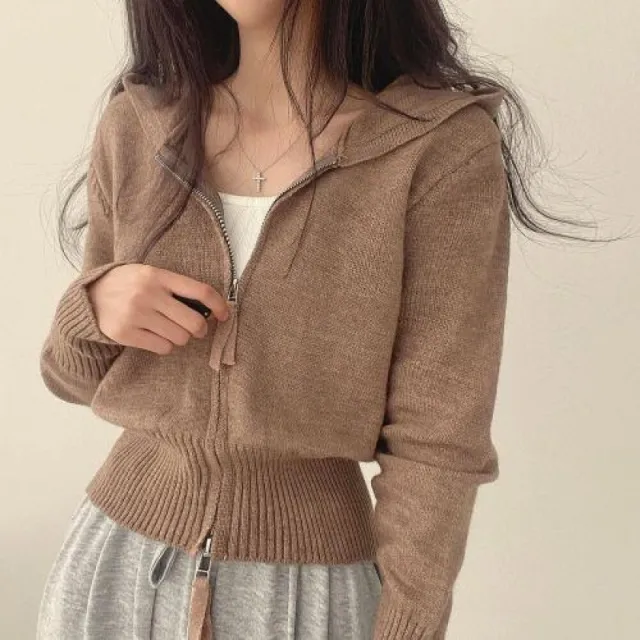 Double headed Zipper Waist Trimming Short Hooded Sweater Coat Khaki - Shop at LoveMi