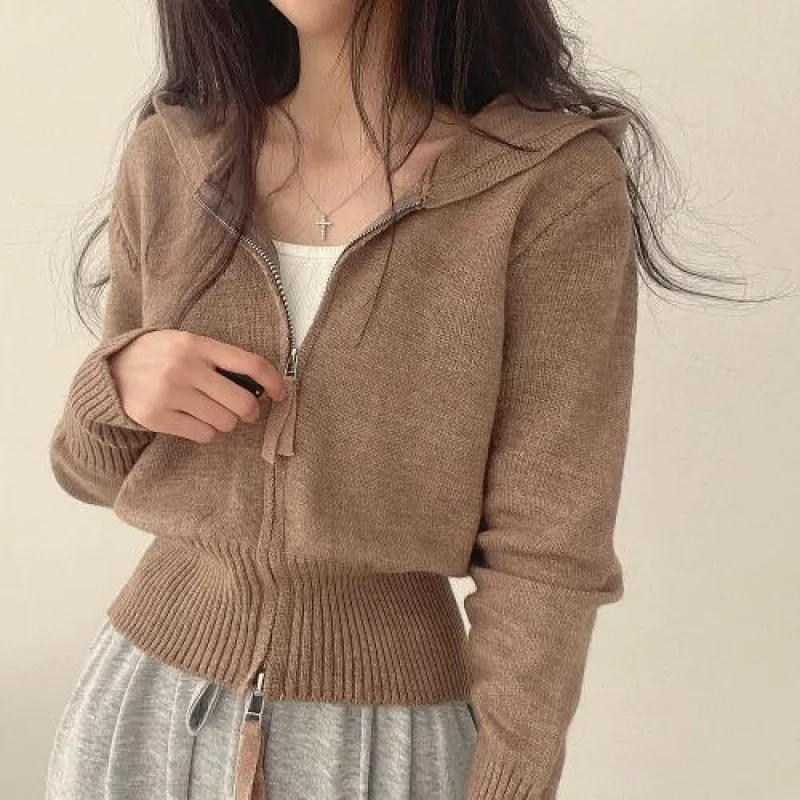 Double-headed Zipper Waist Trimming Short Hooded Sweater Coat - Khaki