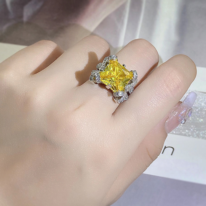 Diamond Yellow Princess Square Ice Flower Cut Open Ring