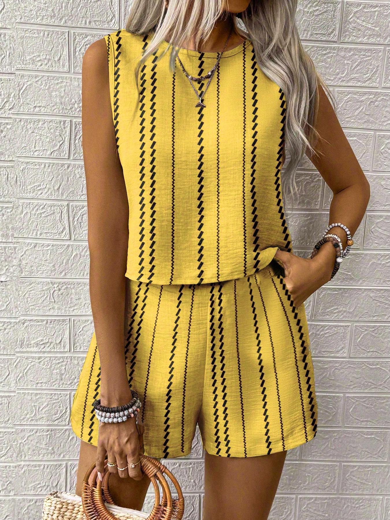 Casual Craft Stripe Printing Sleeveless Tank Top Shorts Suit Yellow - Shop at LoveMi