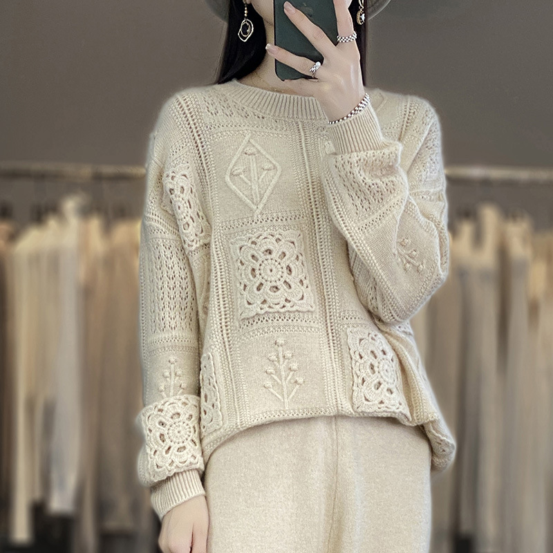Womens Wool Crew-Neck Crochet Hollow-Out Sweater