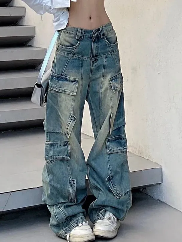 American Plus Size Worn Looking Washed out Cargo Jeans Women - Shop at LoveMi