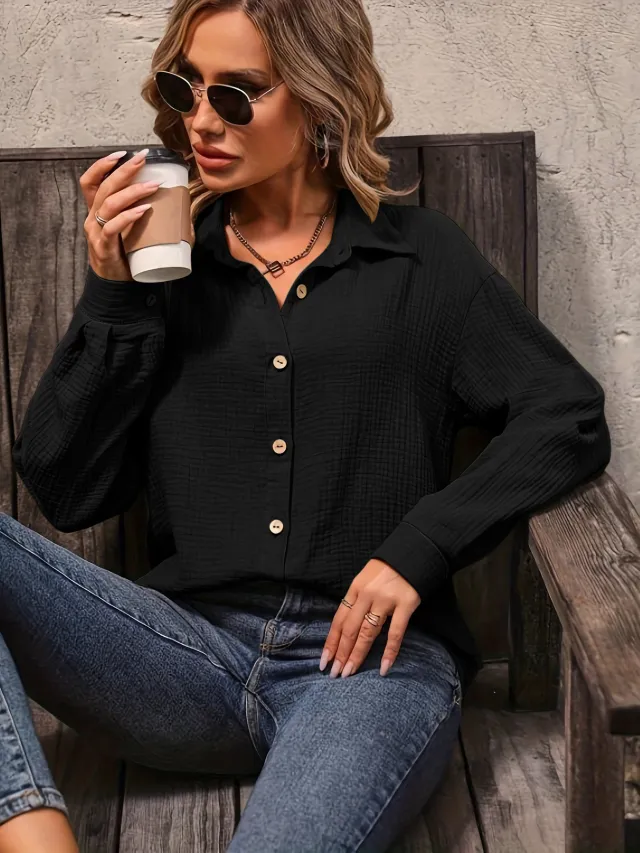 Women's Solid Color Front Button Drop Shoulder Shirt Women's Black - Shop at LoveMi