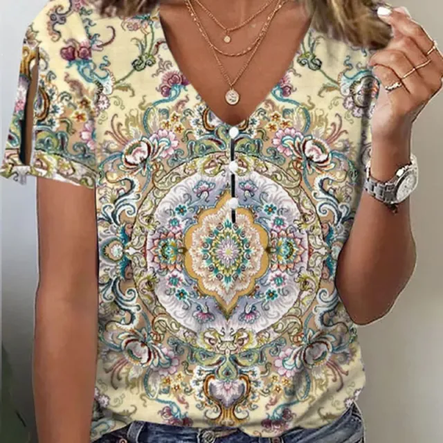 Summer Ethnic Style Printed Short sleeved Top Women's T shirt Apricot - Shop at LoveMi