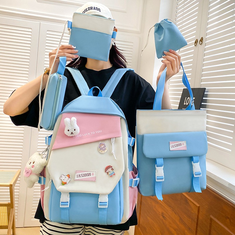 Fashionable Contrasting-Color Canvas Casual Backpack Five-Piece Set