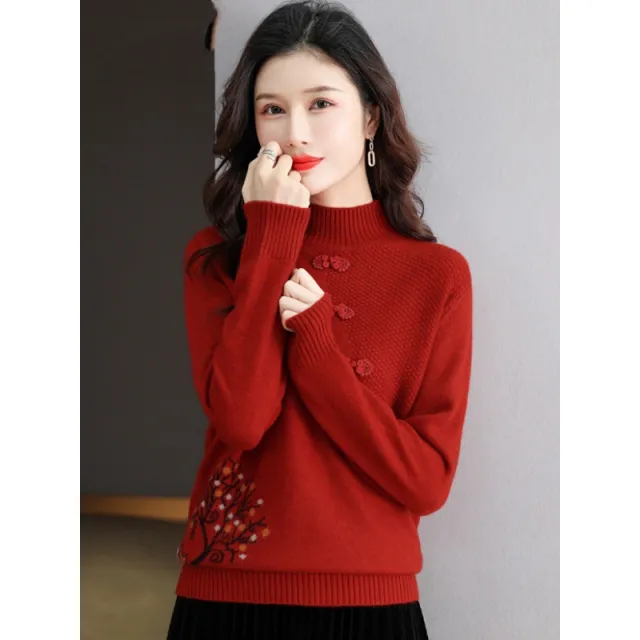 Half Turtleneck Bottoming Shirt Middle aged Mom Sweater Button Top Red - Shop at LoveMi
