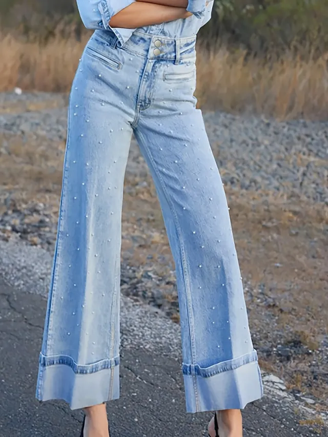 European And American High Waist Beaded Stretch Curling Jeans Wide Leg 11126 Light Blue - Shop at LoveMi