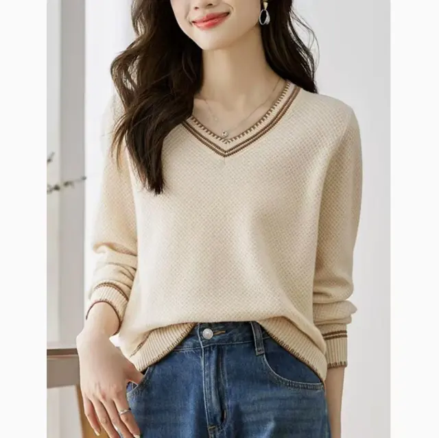 Sweater Loose Heart Collar Knitted Top Apricot - Shop at LoveMi