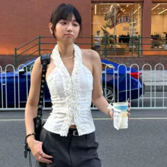 French-style Pure And Sexy Ruffled Halter Sleeveless Camisole Cardigan - White - View 1