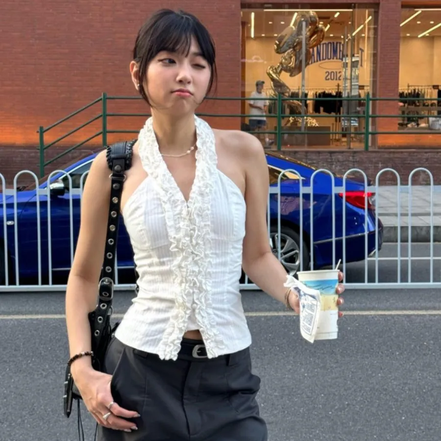 French-style Pure And Sexy Ruffled Halter Sleeveless Camisole Cardigan - White