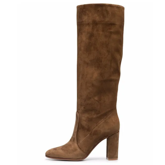 Suede Pleated High Heel Thick Heel Pointed Sleeve Boots Brown - Shop at LoveMi