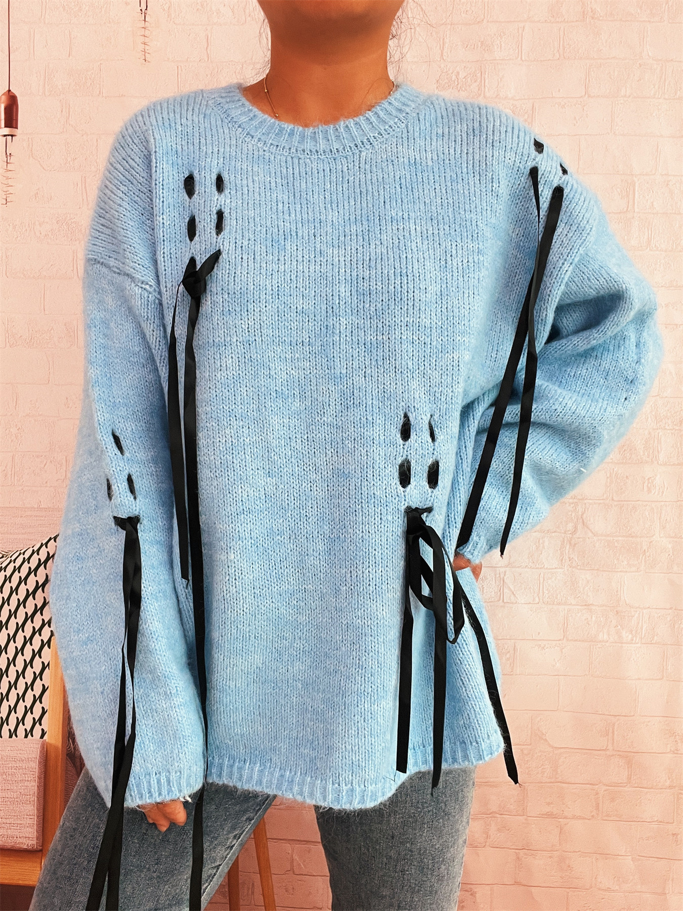 Handmade Lace-up Knitted Round Neck Long Sleeve Loose Sweater