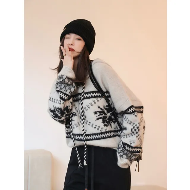 100 Pure Wool Sweater Thicken Lazy Style Base Hooded Sweater Iceland Night Mist Black - Shop at LoveMi