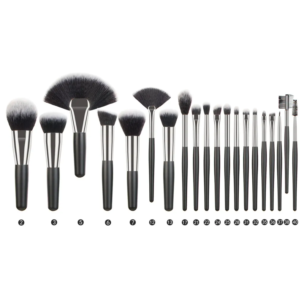 Animal Hair Makeup Brush Full Set - 20 Black And Silver