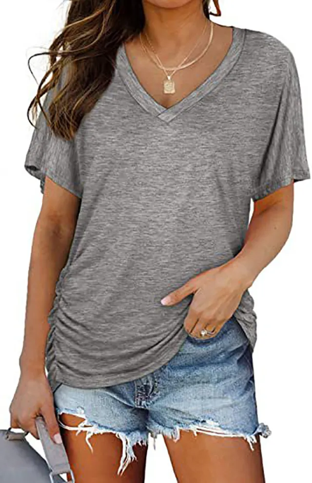 European And American T shirt Solid Color Casual Loose fitting V neck Top Gray - Shop at LoveMi