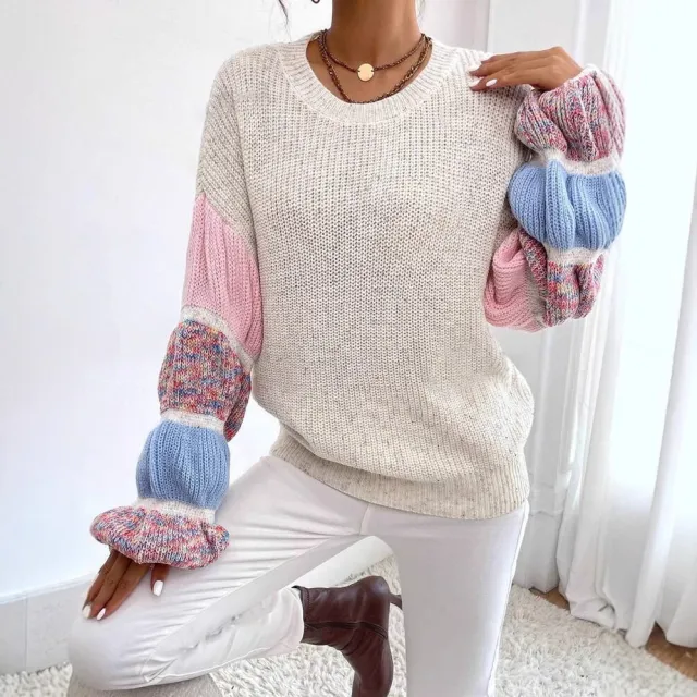 Sweater Women's Round Neck Pullover Contrast Color Puff Sleeve Color Matching L - Shop at LoveMi