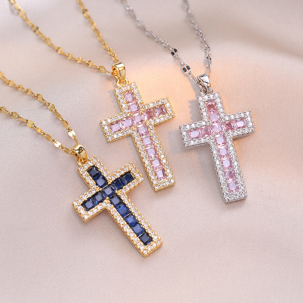 Women's Cross Simple Fashion Titanium Steel Inlaid Color Zircon Fashion Necklace