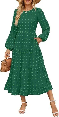 Autumn Long Sleeve Dress Casual Round Neck - Dark Green - View 1