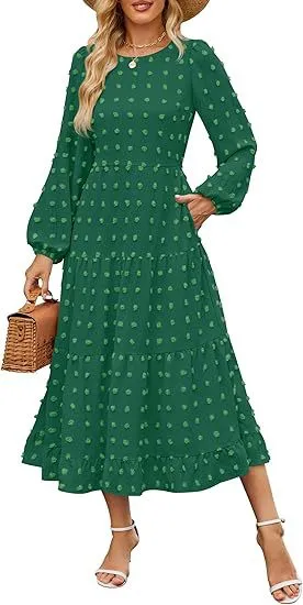 Autumn Long Sleeve Dress Casual Round Neck - Dark Green