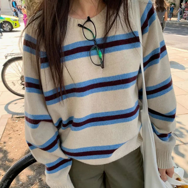 Striped Contrast Color Round Neck Pullover All matching Knitwear Sweater Apricot - Shop at LoveMi