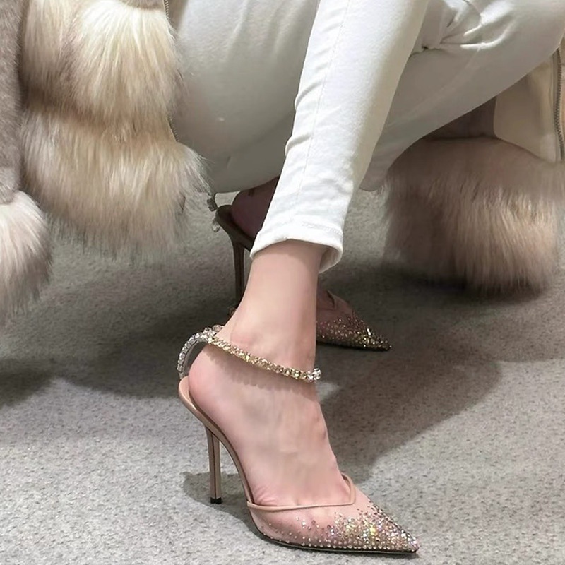 Mesh Rhinestone Heeled Sandals