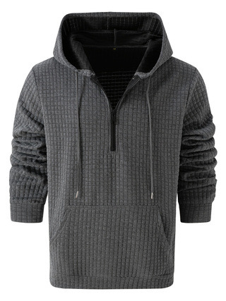 Mens Plaid Jacquard Solid-Color Casual Hoodie