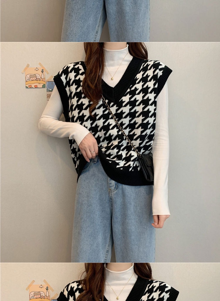 Plaid Sweater Vest V-neck Vest Women's Outer Wear Loose Student Knitwear Idle Style