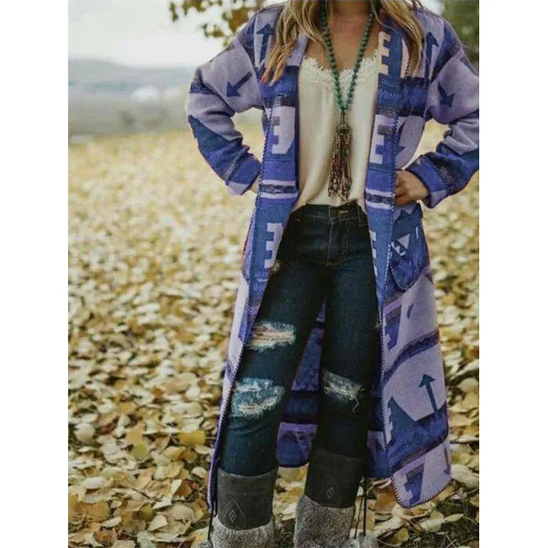 Slim Top Cross-border Long Sleeve Printed Long Coat - Blue