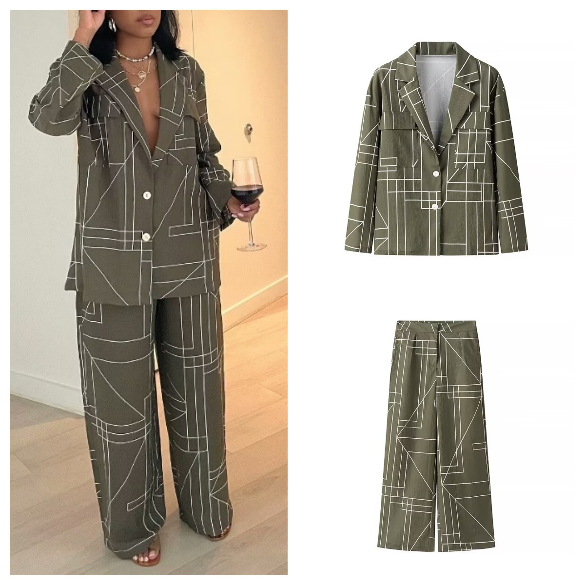 Women's Lapel Long Sleeve Suit Coat Straight Casual Pants