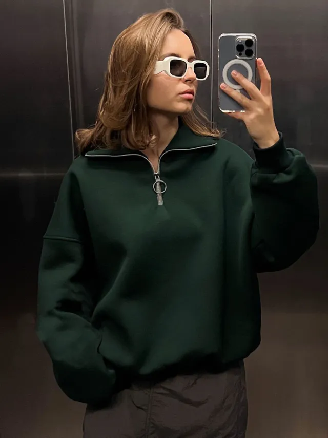 Women's Fashion Loose Casual Zip Sweater Green - Shop at LoveMi