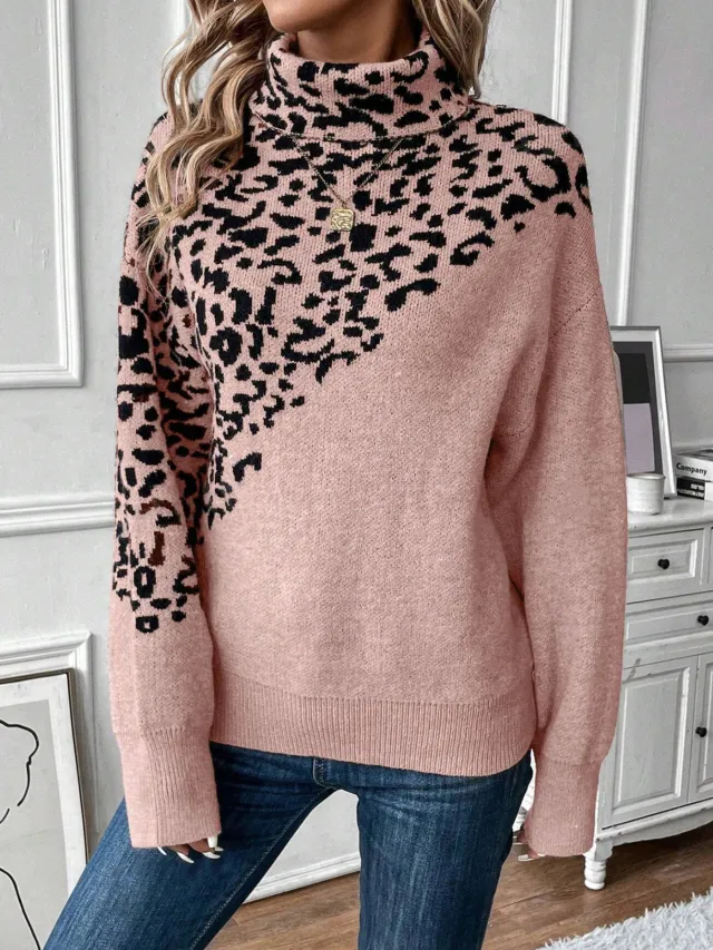 Turtleneck Leopard Print Long Sleeve Loose Fashion Casual Sweater Pink - Shop at LoveMi