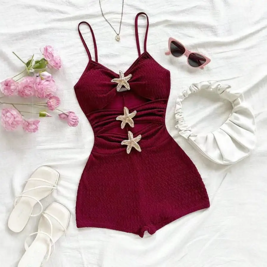 Womens Ruffled Sea StarEmbellished OnePiece Swimsuit