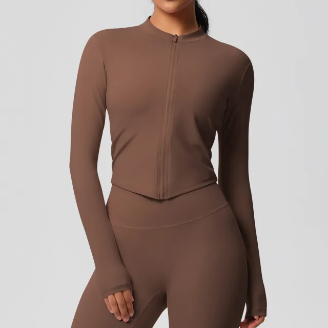 Women's Sports Tight Long Sleeve Yoga Wear Top Chestnut S - Shop at LoveMi