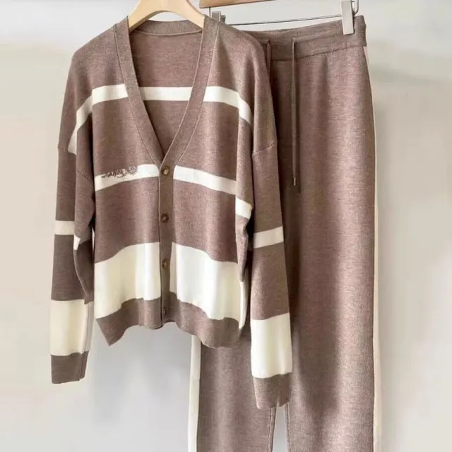 Autumn And Winter Leisure Striped Knitted Cardigan Top Wide Leg Pants Two piece Suit Camel - Shop at LoveMi