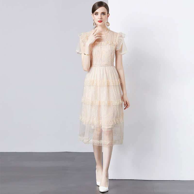 Embroidered Mesh Long Dress