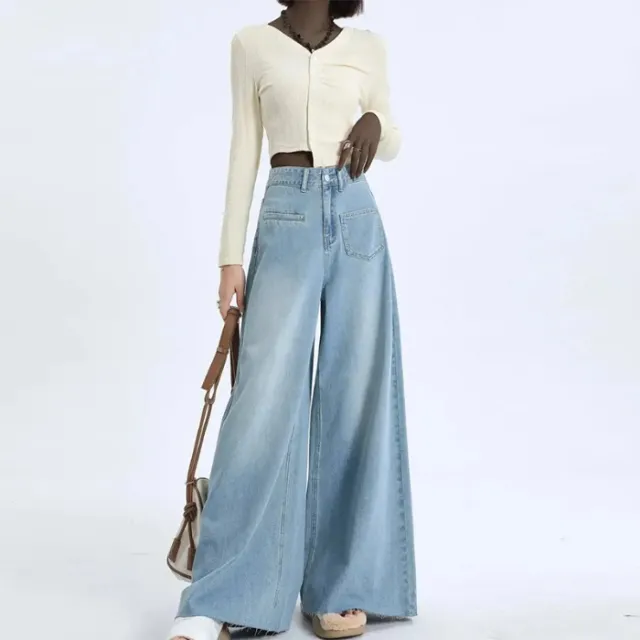 High waisted Fashionable Wide leg Flare Jeans For Women Light Blue - Shop at LoveMi