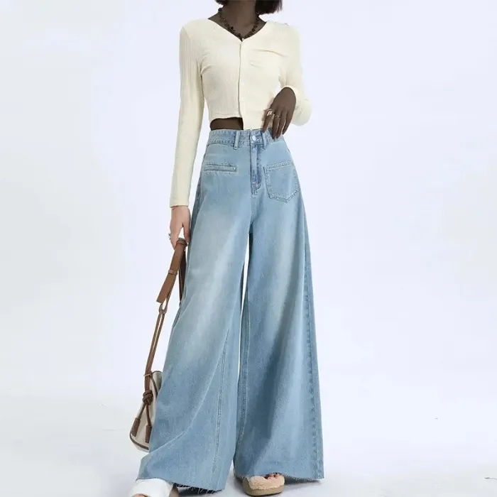 High-waisted Fashionable Wide-leg Flare Jeans For Women - Blue